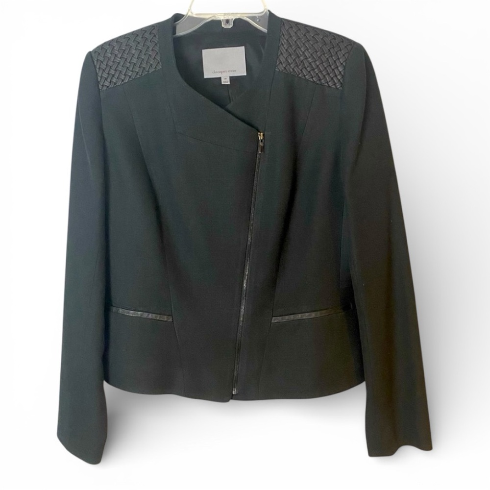Classiques Entier Women’s Jacket Blazer M – Black Leather Trim Chic Workwear